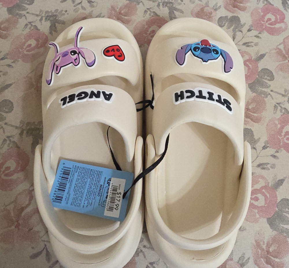 Children's Cream Slide Sandals with Cartoon Charms and Secure Back Strap